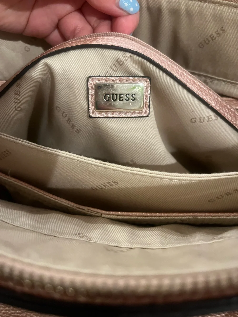 GUESS Rose Gold Pebbled Leather Satchel with Strap
